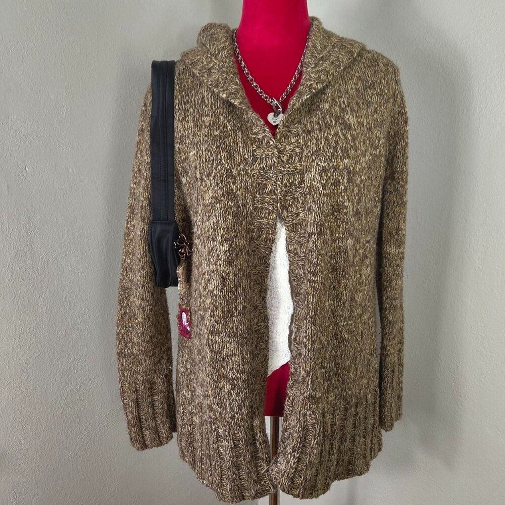 Y2K 2000s Earthy Toned Brown Open Knit Hooded Cardigan Sweater Girl Planet Large